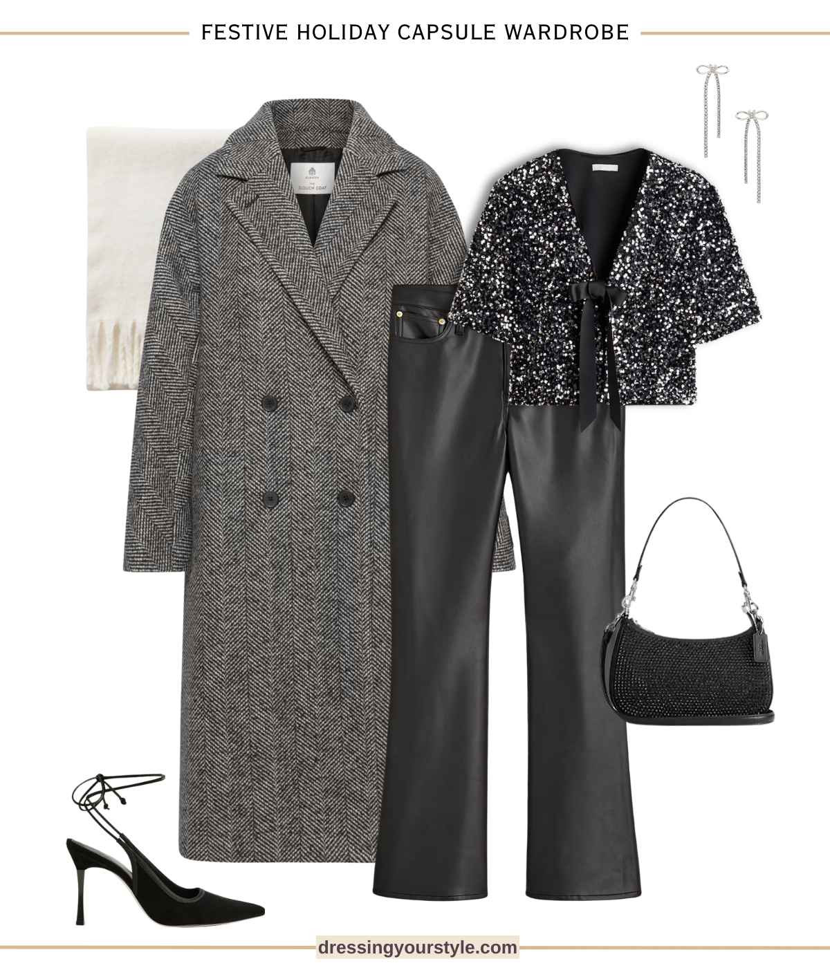 Holiday party outfit with black faux leather pants, sequin cardigan and herringbone coat  

#LTKHoliday #LTKParties #LTKSeasonal