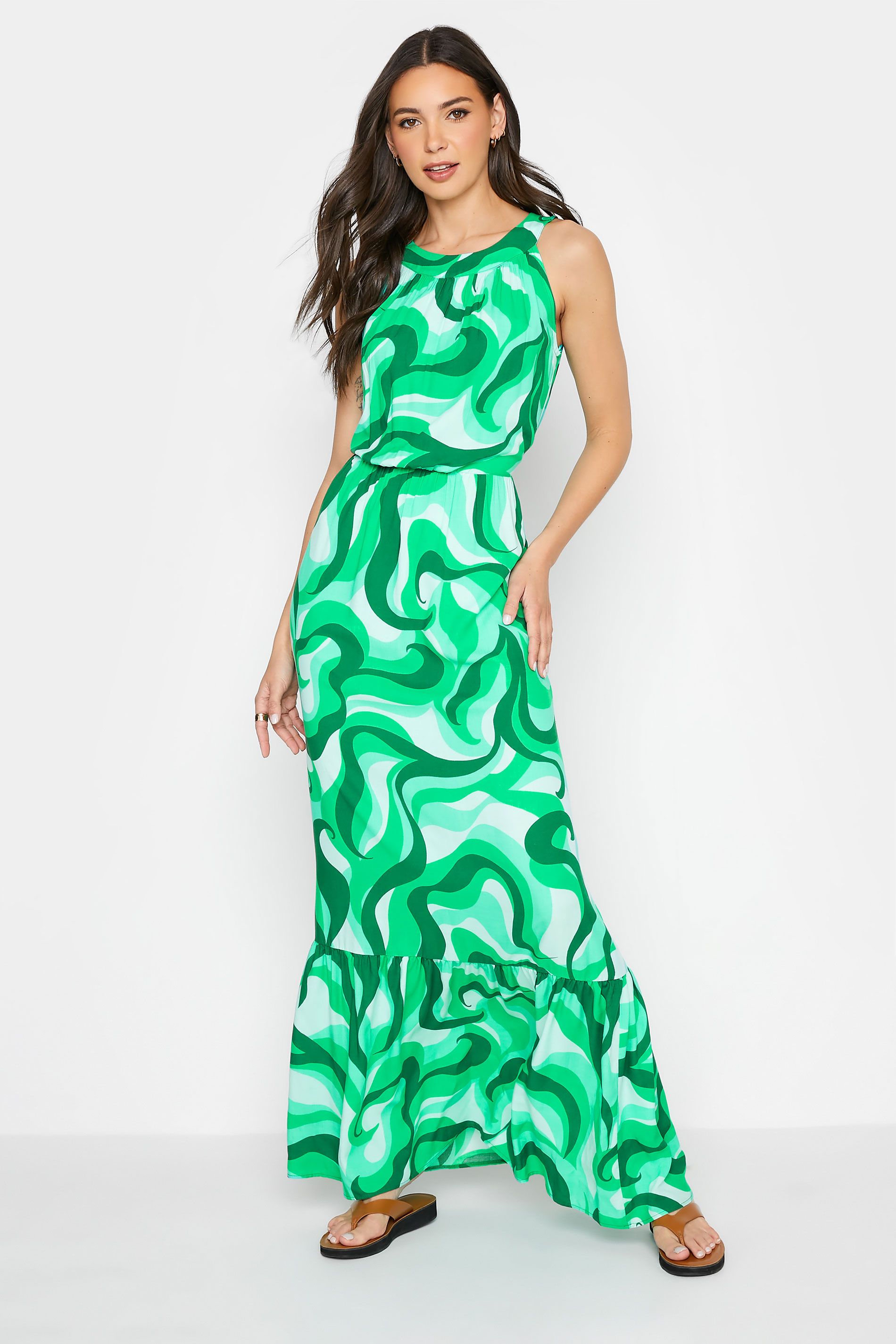 LTS Tall Bright Green Swirl Print Halter Neck Maxi Dress | Long Tall Sally