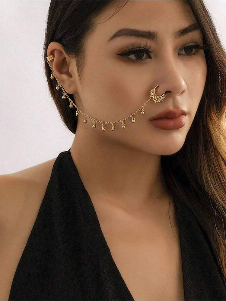 1pc Vintage Sexy Punk Style Faux Pearl Tassel Chain Nose Ring, Suitable For Women For Daily Wear And Dance Party | SHEIN