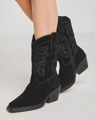 Daytona Punch Detail Suede Western Mid Calf Boots Wide E Fit Standard Calf | Simply Be | Simply Be (UK)