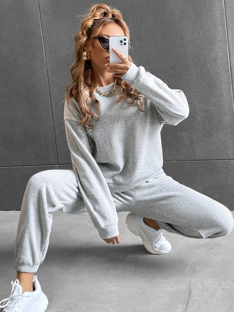 Solid Drop Shoulder Sweatshirt & Sweatpants | SHEIN