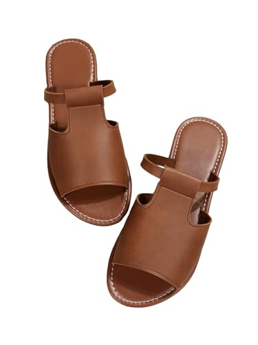 OYOANGLE Women's Cut Out Single Banded Open Toe Flats Sandals Solid Lightweight Outdoor Slides Sandals Rust Brown 9.5 | Amazon (US)