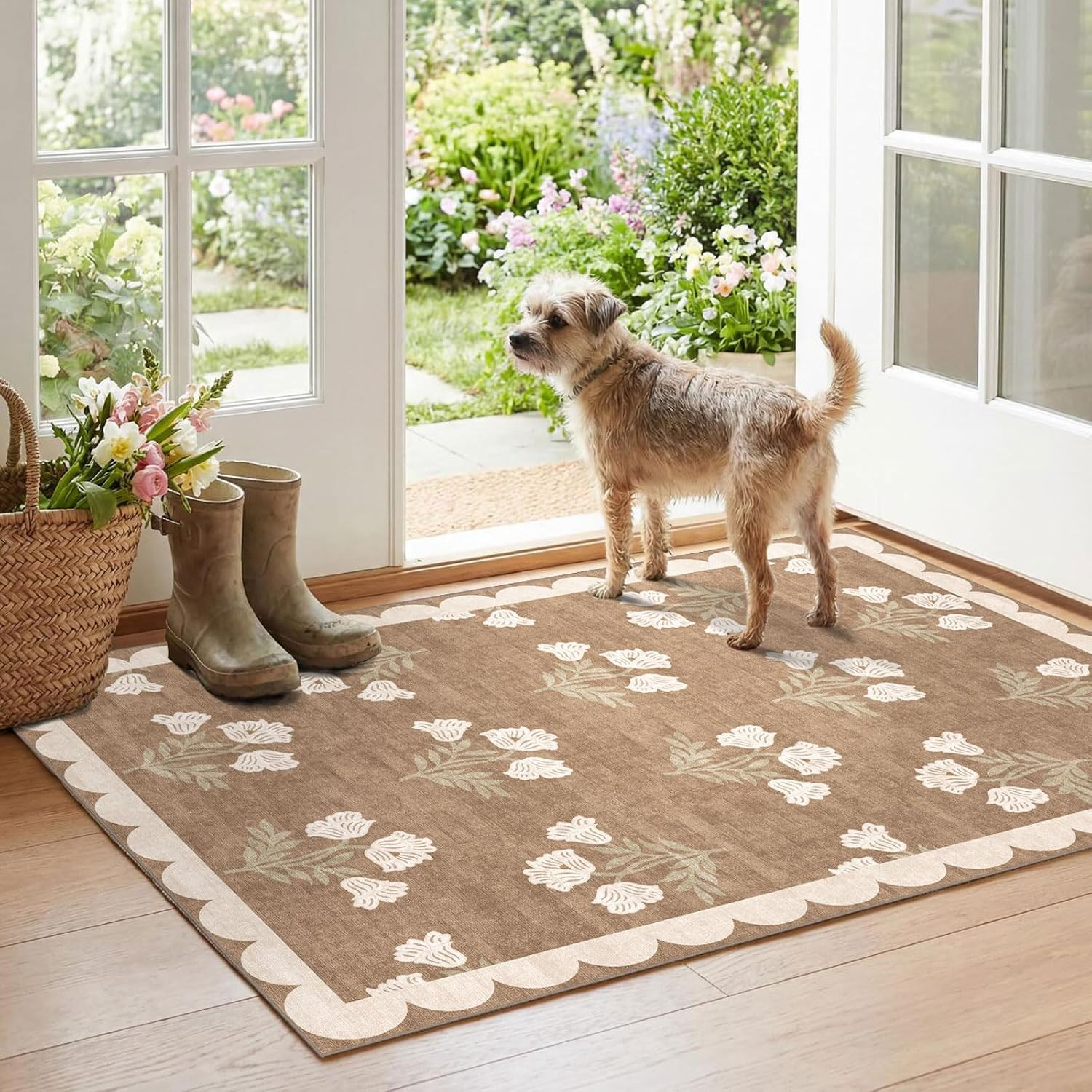 Floral Outdoor Rugs, 28"x43" Front Door Mat Indoor Outside Entrance | Non-Slip Washable Outdoor Mat Tan Boho Neutral Farmhouse Throw Rugs for Entryway Kitchen Bedroom Fall Front Porch Decor | Amazon (US)