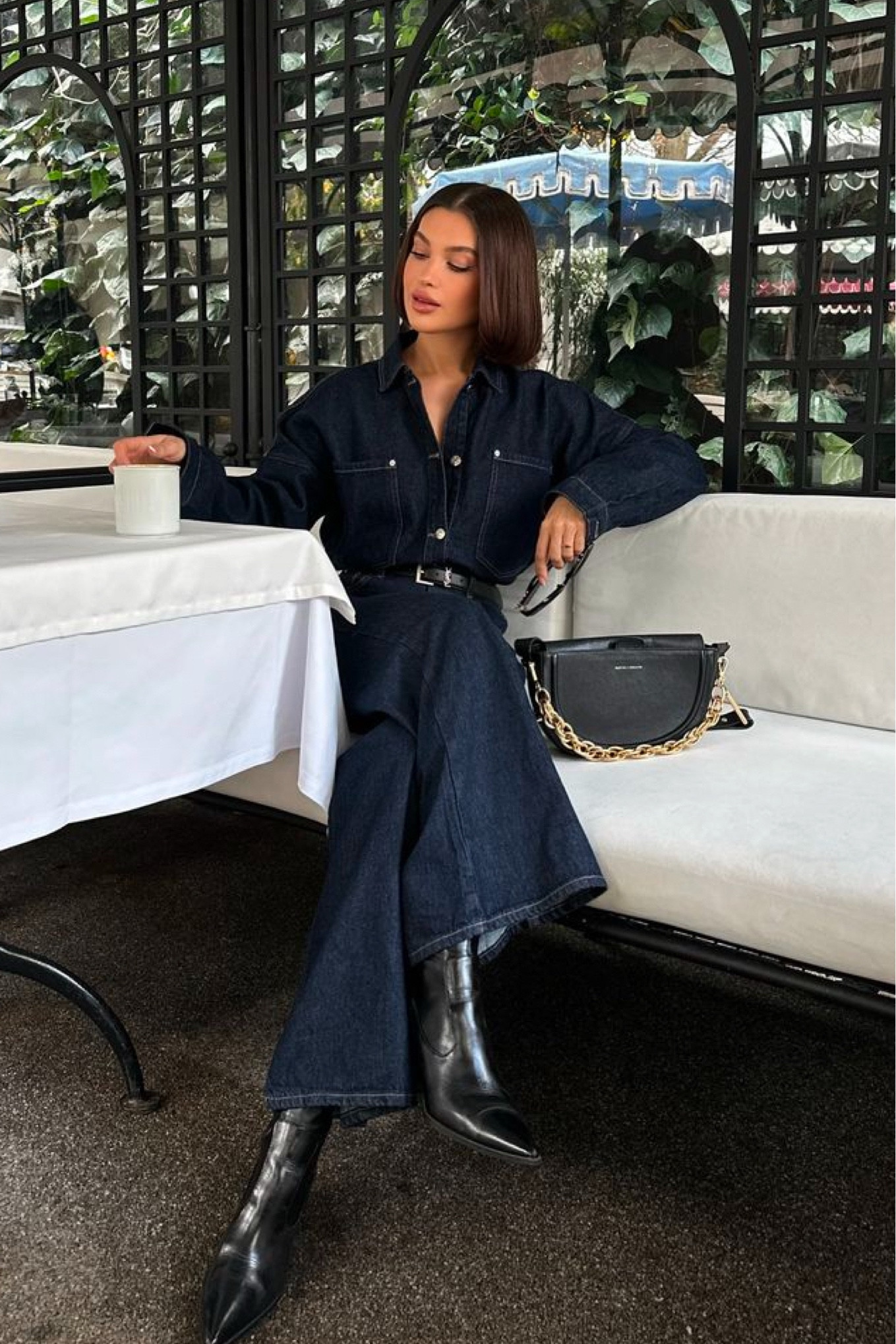 Dark wash denim shirt 
Dark wash denim pants 
Black bag with chain 
Black boots 

#LTKStyleTip #LTKPetite #LTKMostLoved