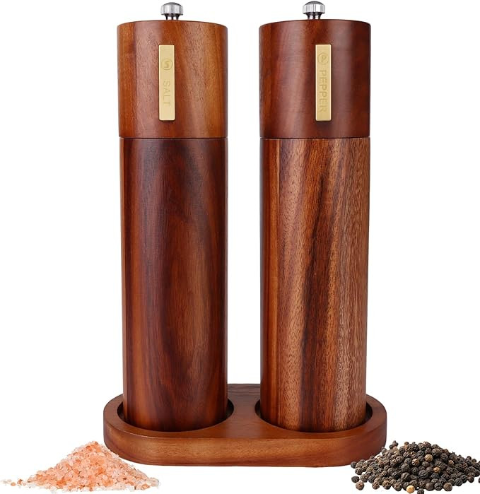 2 Set Wood Salt and Pepper Grinder 8 Inch Manual Salt and Pepper Mill with Tray Adjustable Coarse... | Amazon (US)