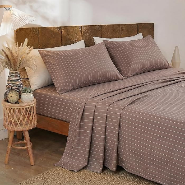 Merryword Brown Pinstripe Sheet Set Queen Size - 100% Cotton Striped Bedding 4 Pieces, Soft Breat... | Amazon (CA)