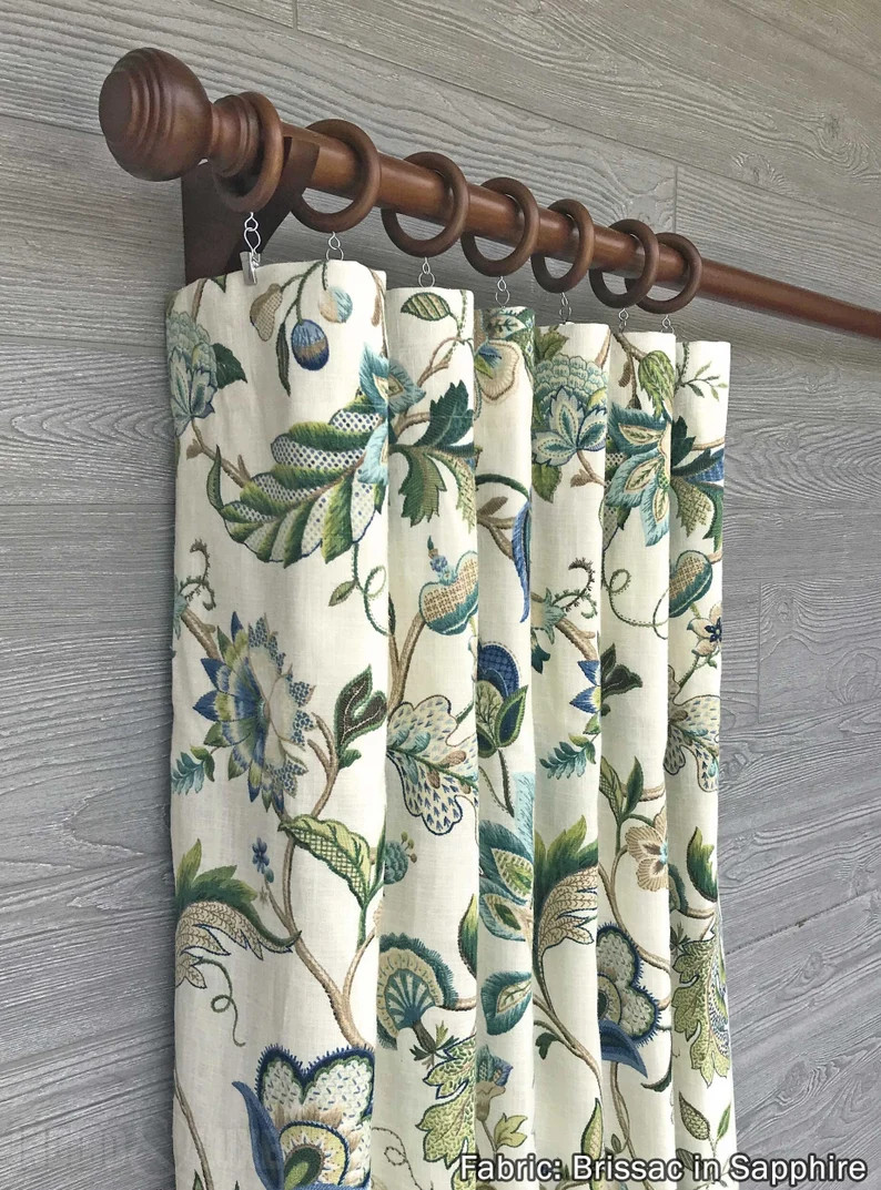 Brissac in Sapphire Rod Pocket Drapery, Cafe Curtain, Custom Made to Order, Floral Linen in Blue ... | Etsy (US)