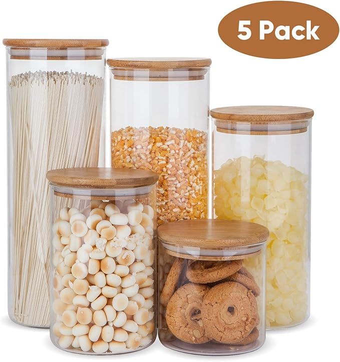 Glass Food Storage Containers Set,Airtight Food Jars with Bamboo Wooden Lids - Set of 5 Kitchen C... | Amazon (US)