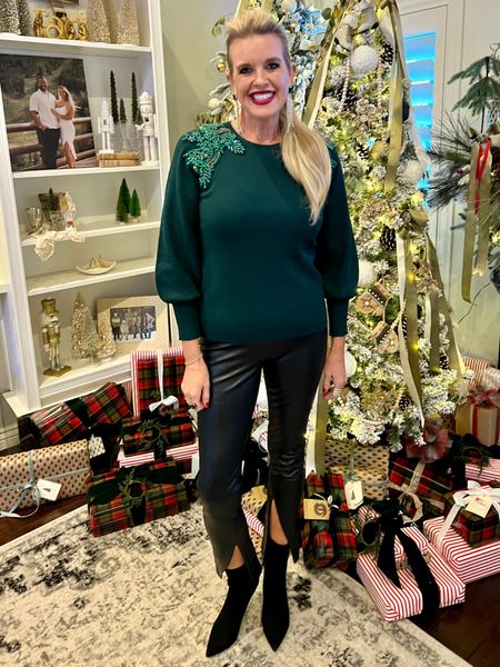 🚨 sale & promo codes
Holiday outfit 
Cute new years outfit too

Beautiful green sweater with embellished shoulders fits tts 30% off

Faux leather front slit pants by Spanx fits tts
Use code for 10% off 

DEARDARCYXSPANX
Great free shipping and returns too

Booties by Cecilia  New York 
Black suede and clear acrylic heal for a fun pop tts

Statement earrings under $45
Emerald and rhinestone 

Dean Davidson ring

#LTKHoliday #LTKfindsunder100 #LTKover40