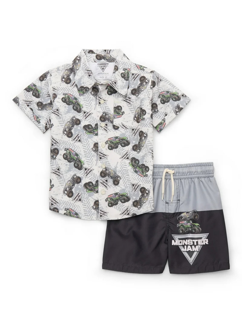 Monster Jam Toddler Boys Resort Shirt and Swim Short Set, 2-Piece, Sizes 12M - 5T | Walmart (US)