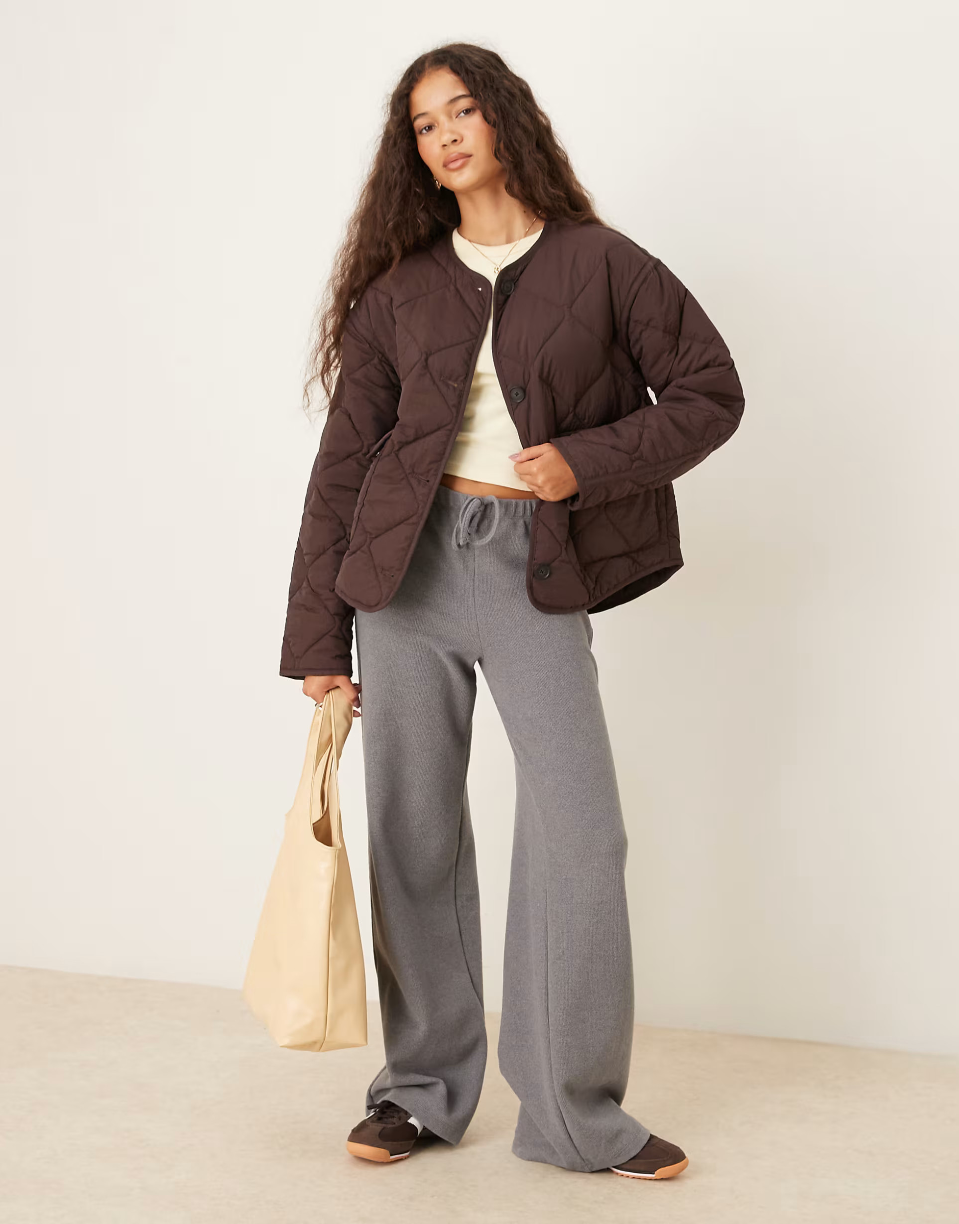 Gina Tricot quilted jacket with front flap pockets in brown | ASOS (Global)