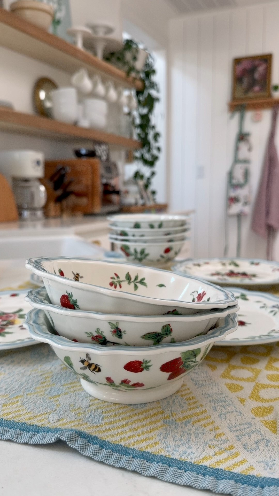 Perfectly modern cottage bowls, plates and apron. Fresh and goes will with traditional and costal themes too. 