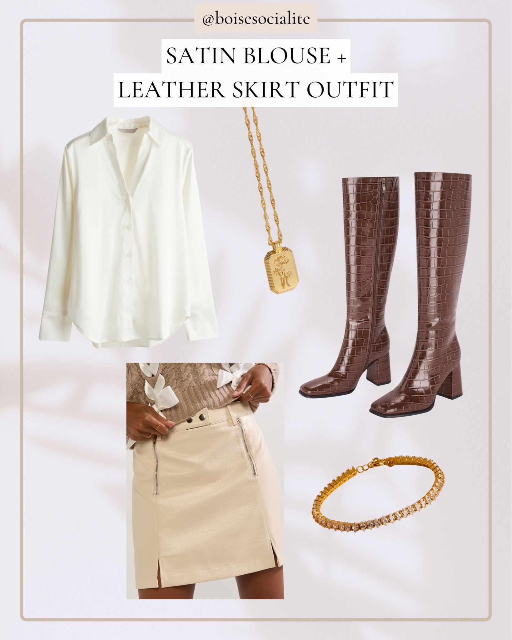 H&M satin beige blouse with mini faux leather cream skirt and knee high brown heeled boots 

#LTKFindsUnder50 #LTKWatchNow #LTKSeasonal