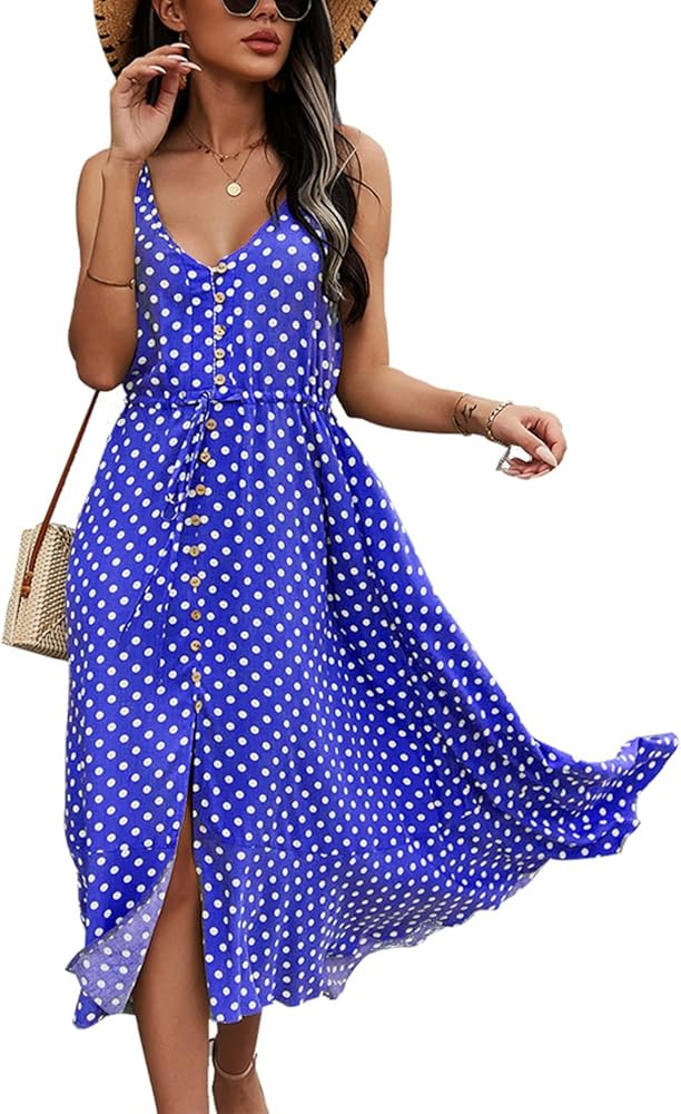 BROVAVE Women's Summer Casual Boho Sundress Polka Dot Sundress Spaghetti Strap V-Neck Flowy Midi Dre | Amazon (US)