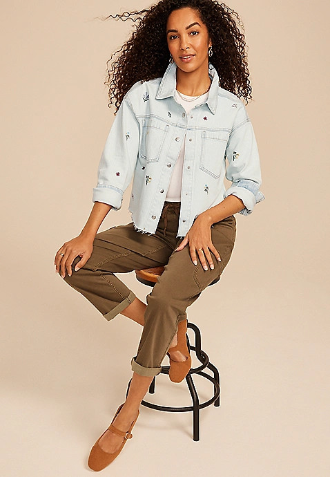 Floral Embroidered Cropped Denim Jacket | Maurices