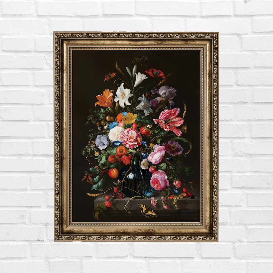 Dark Floral art print, Flower Painting Printable, Black Background Floral Art, Instant Download, ... | Etsy (US)