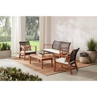 Hampton Bay Clover Cay 4-Piece Wicker Outdoor Patio Conversation Seating Set With Off-White Cushi... | The Home Depot