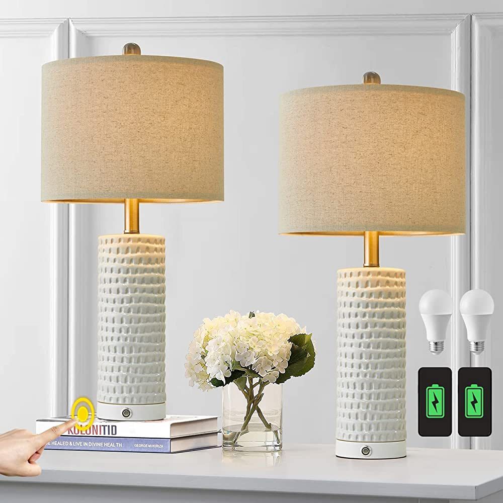 PORTRES 24’’ Farmhouse 3-Way Dimmable Touch Ceramic Table Lamp Set of 2 for Bedroom White Be... | Amazon (US)