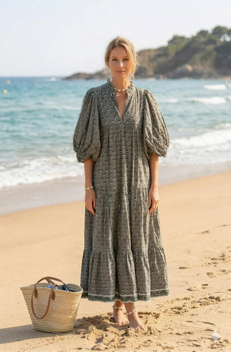 Olive Green Floral Hand Block Print Cotton Maxi Dress \u2013 Boho Puff Sleeve Tiered Summer Dress | Etsy (Global)