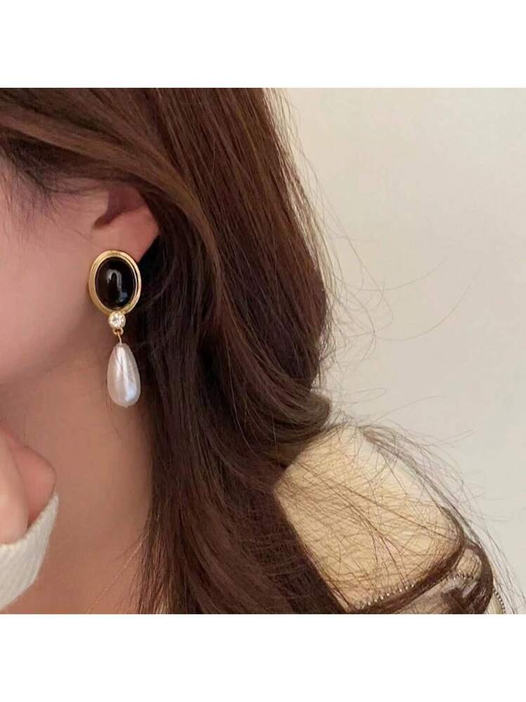 1pair European And American Style Vintage Black Faux Pearl Teardrop Dangle Earrings For Women, Si... | SHEIN