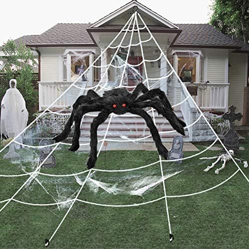 JIABNUKKN Halloween Decorations Outdoor 16 FT Giant Spider Web with Large Spider 29.5", Stretch Cobw | Amazon (US)