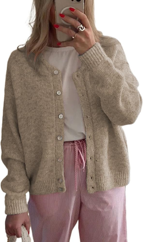 Women's Long Sleeve Front Button Y2k Cardigan Sweaters Crew Neck Loose 2025 Fall Tops | Amazon (US)