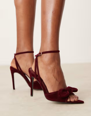 ASOS DESIGN Ninja bow pointed high heeled sandals in burgundy | ASOS (Global)