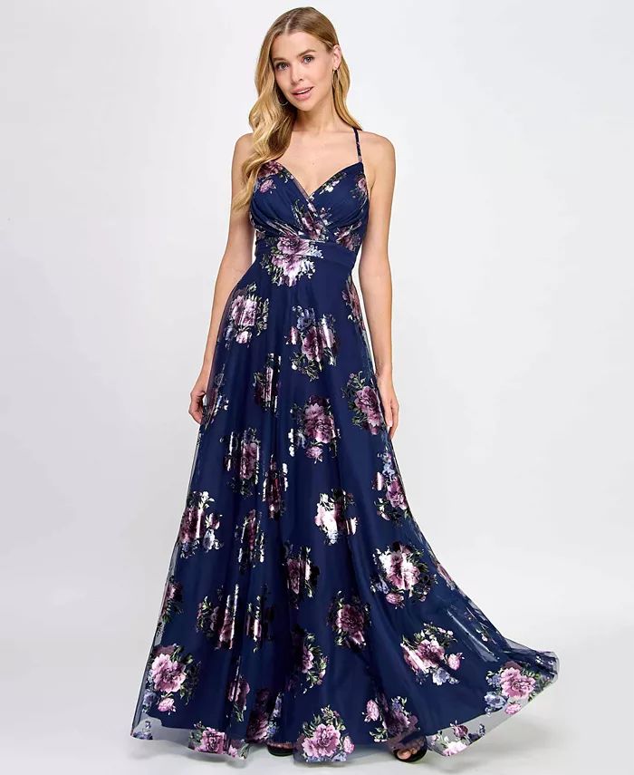 City Studios Juniors' Strappy Floral Metallic Mesh Gown, Created for Macy's - Macy's | Macy's