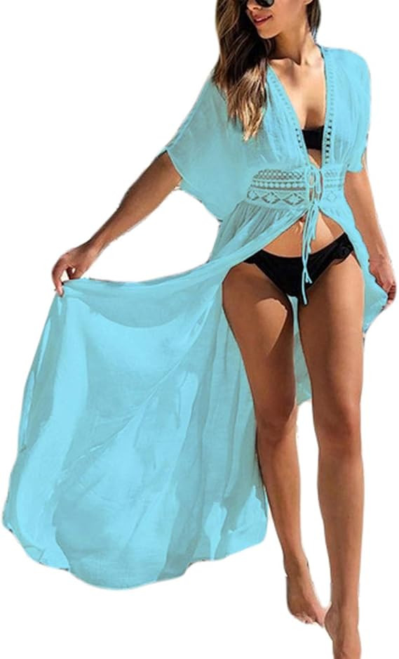 Bsubseach Women's Long Beach Kimono Cardigan Open Front Bikini Swimsuit Cover Ups with Drawstring | Amazon (US)