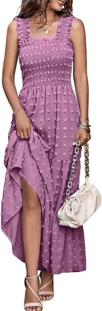 MASCOMODA Womens Boho Sleeveless Smocked Maxi Dress Solid Shoulder Strap Swiss Dot Tank A-Line Sw... | Amazon (US)