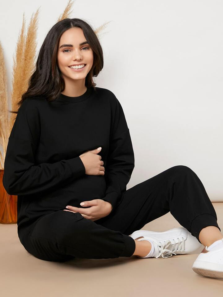 SHEIN Maternity Drop Shoulder Pullover & Joggers Set | SHEIN
