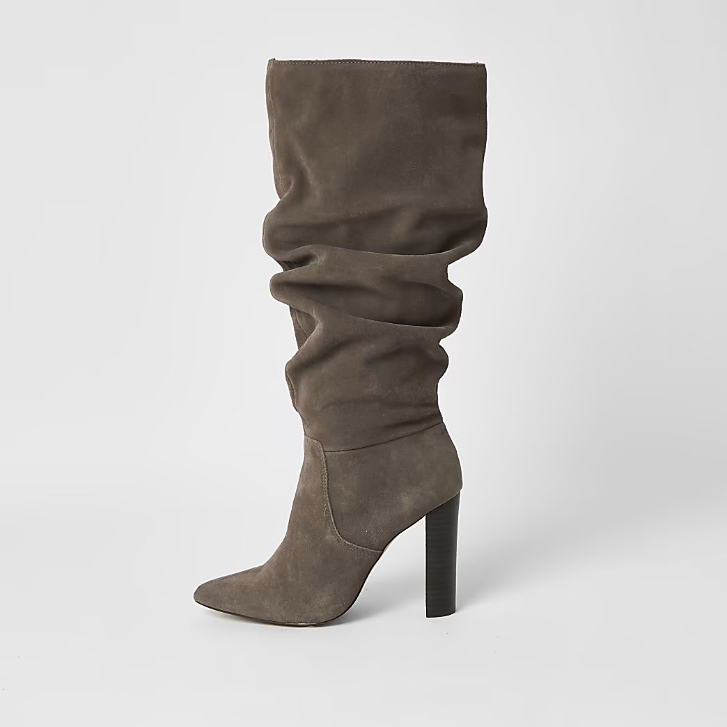 Grey suede slouch knee high boots | River Island (UK & IE)