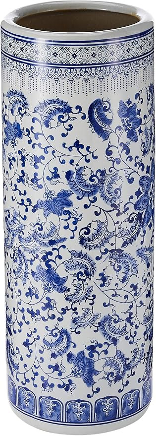 Oriental Furniture 24" Floral Blue & White Porcelain Umbrella Stand | Amazon (US)