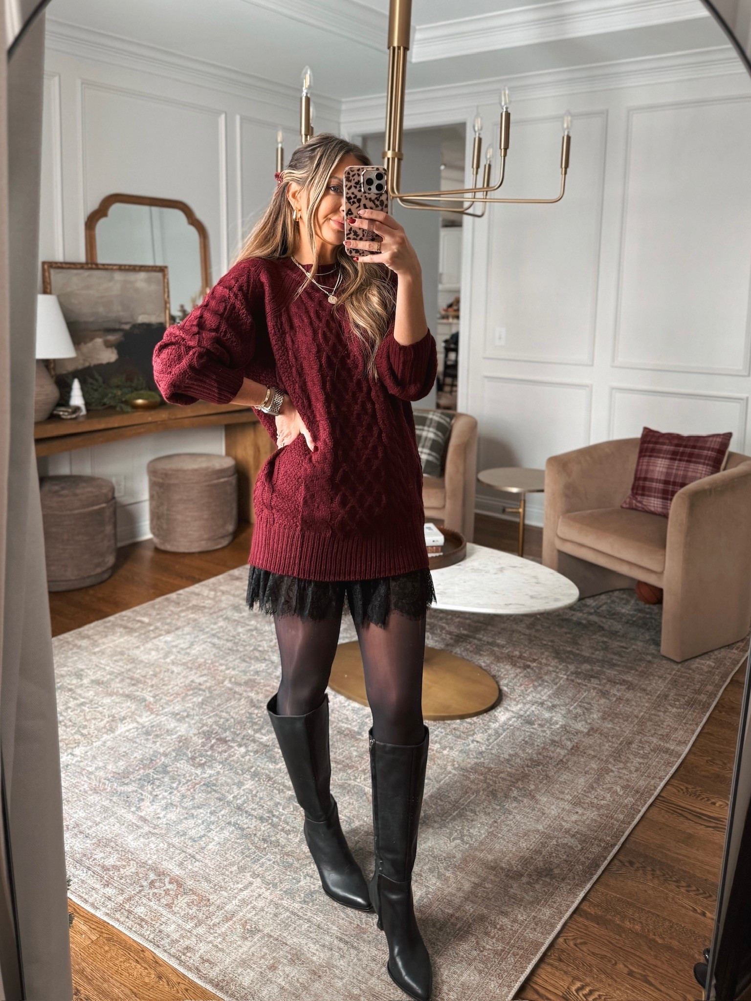 This cable knit sweater layered with the lace skirt and boots makes the perfect outfit for a holiday party! 

#LTKHoliday #LTKgrwm #LTKdayinmylife