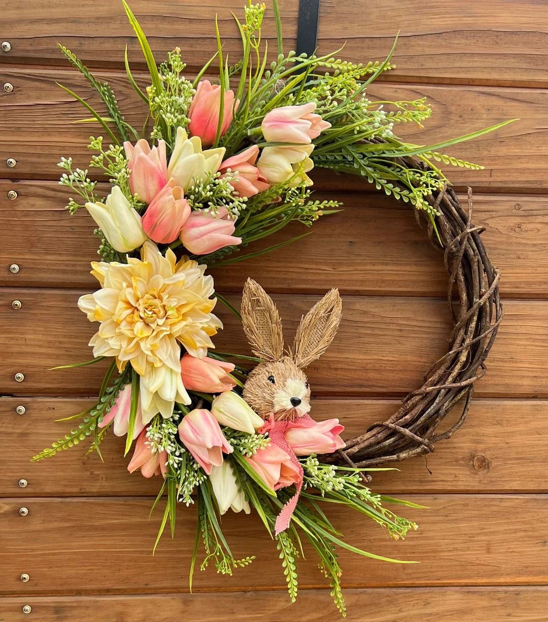 Easter wreath. Real touch tulips in pink, white and peach tones. Baby’s breath and an adorable ... | Etsy (US)