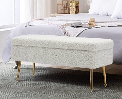 Guyou 40” Fuzzy Bedroom Storage Ottoman Bench for End of Bed Gold Legs, Modern White Faux Fur E... | Amazon (US)