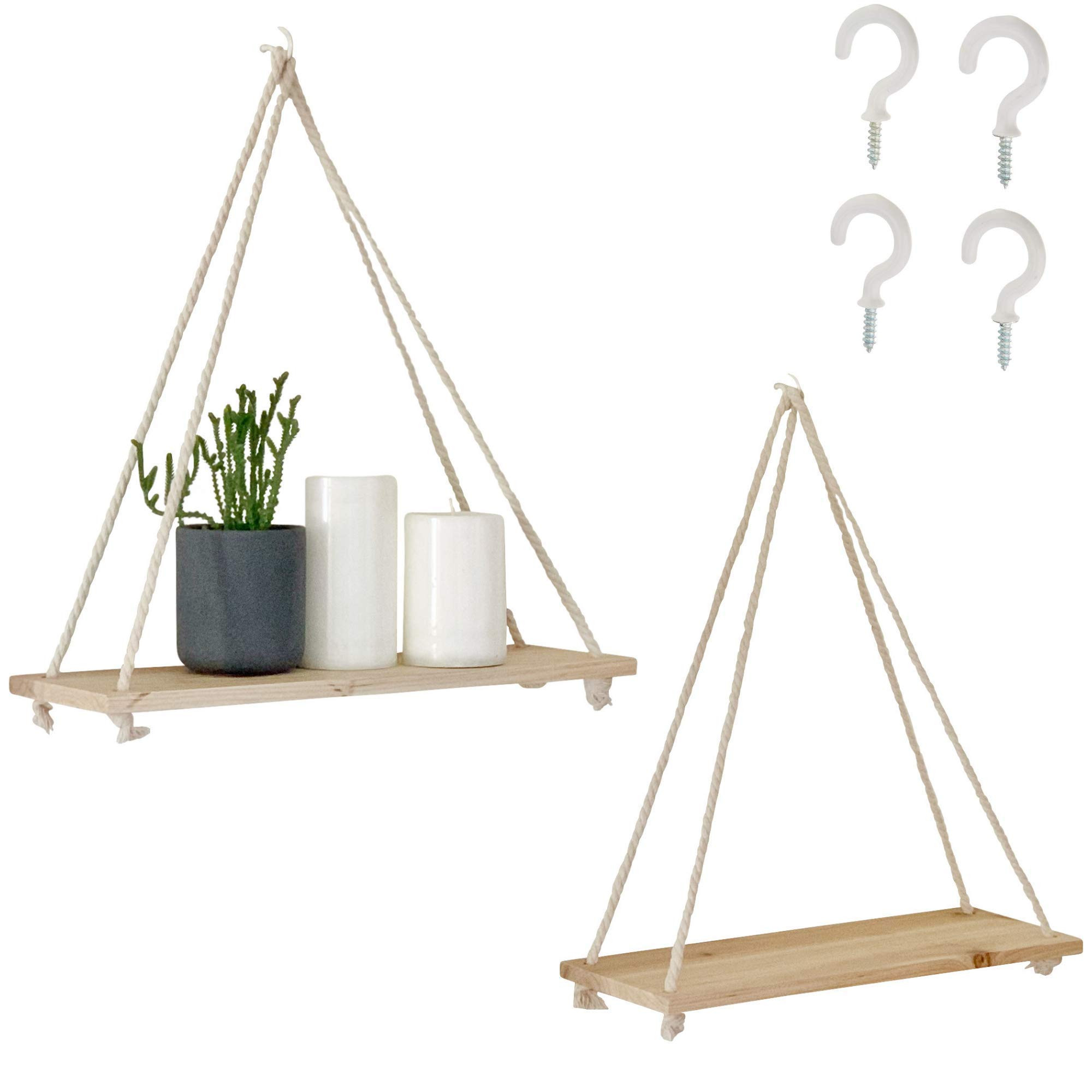 Hanging Shelves for Wall [Set of 2 w/ Hooks] Wooden Shelf Macrame Rope, Natural Light Reclaimed Wood | Amazon (US)