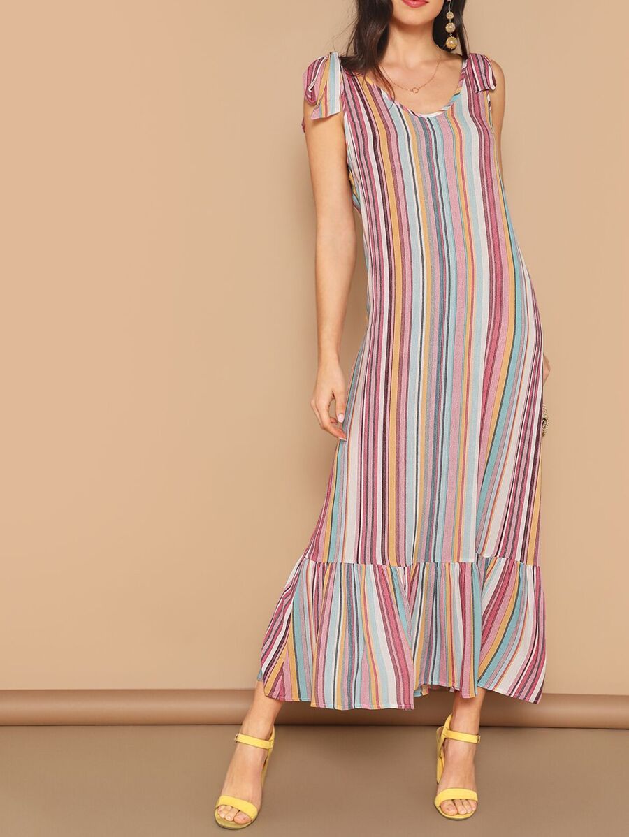 SHEIN Tie Shoulder Ruffle Hem Maxi Striped Dress | SHEIN