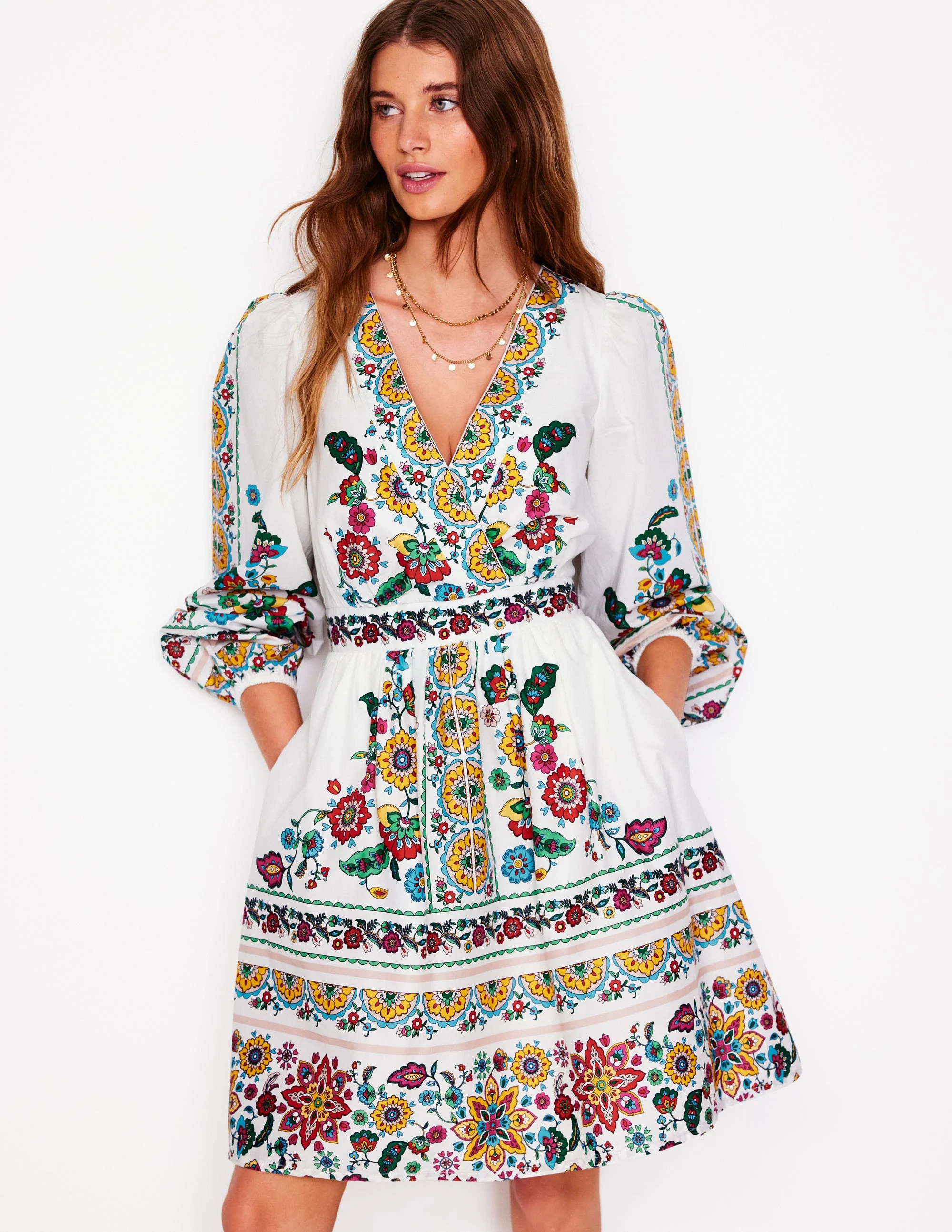 Mya Cotton Short Dress-Ivory, Botanical Sprig | Boden UK