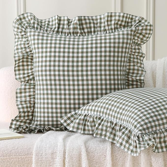 Aryeleay 2 Pack Sage Green White and Brown Plaid Ruffle Throw Pillow Covers, 100% Cotton Gingham ... | Amazon (US)