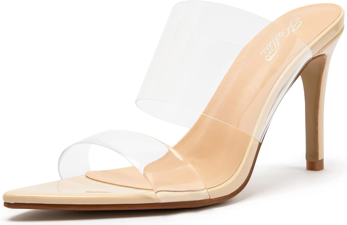 Katliu Women's Clear Pointed Toe Heels Sandals Transparent Strap Stiletto High Heels Slip on Mule... | Amazon (US)
