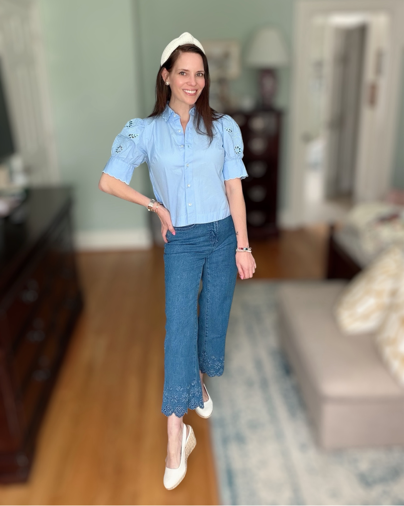Blue Eyelet Blouse & Scalloped Hem Jeans Outfit


Such a cute preppy spring outfit! 💙 This light blue eyelet sleeve blouse has the sweetest scalloped collar and embroidered sleeve details. I paired it with cropped denim jeans featuring the prettiest scalloped hem for a fun feminine touch. Styled with classic espadrille wedges, pearl studs, a textured white headband, and colorful bracelets for an elevated everyday look. Perfect for spring outings, brunch, casual work days, or weekend plans! ✨

blue spring outfit, eyelet sleeve blouse, scalloped collar blouse, scalloped hem jeans outfit, cropped flare jeans outfit, preppy spring style, feminine spring outfit, espadrille wedge outfit, casual chic spring outfit, everyday preppy fashion 💙

#LTKOver40 #LTKSeasonal #LTKootd