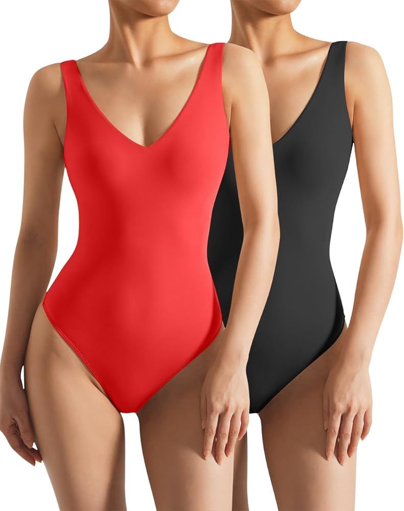 SUUKSESS Women 2 Piece Thong Bodysuit Sexy V Neck Backless Sleeveless Tank Tops | Amazon (US)