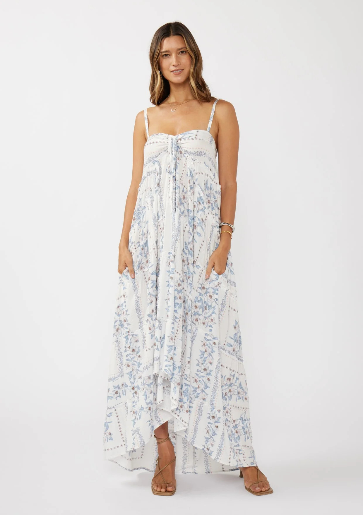 Light Blue Hi-Lo Spaghetti Strap Patchwork Ruffle Maxi Dress | PinkBlush Maternity