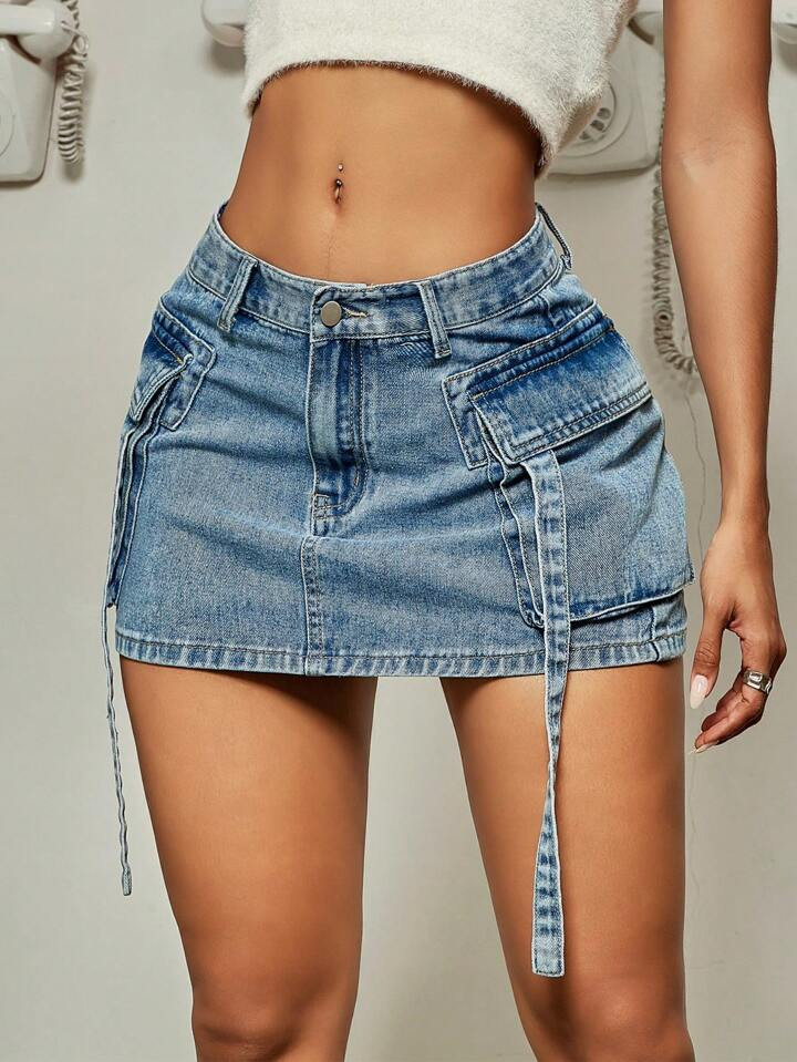 Y2K Street Flap Pocket Tape Detail Cargo Mini Skirt Summer Hottie Outfit | SHEIN