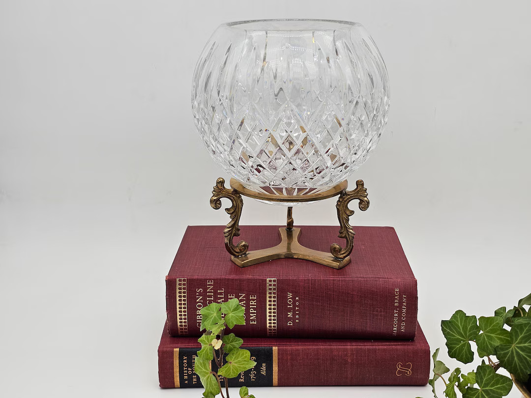 Vintage Large Cut Lead Crystal Rose Bowl on Brass Stand - Etsy | Etsy (US)