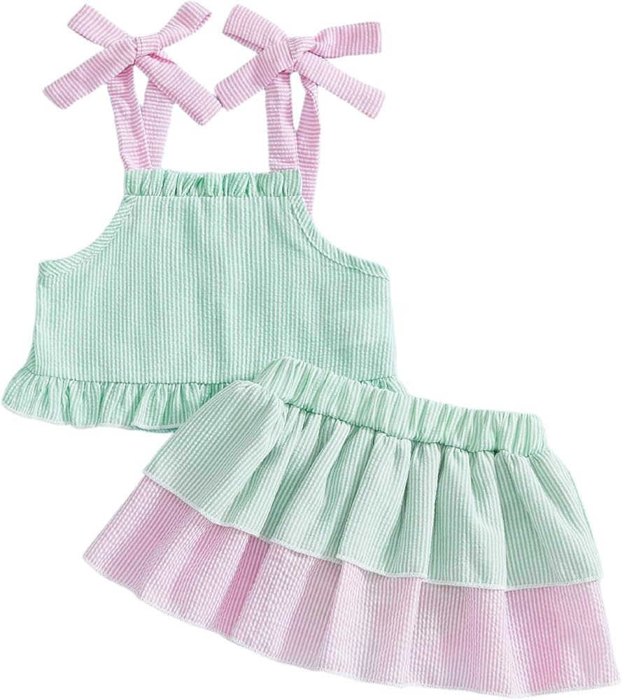 Toddler Girl Seersucker Stripe Summer Outfit Kid Infant Baby 2Pcs Swimsuit Tie Up Cami and Ruffle... | Amazon (US)