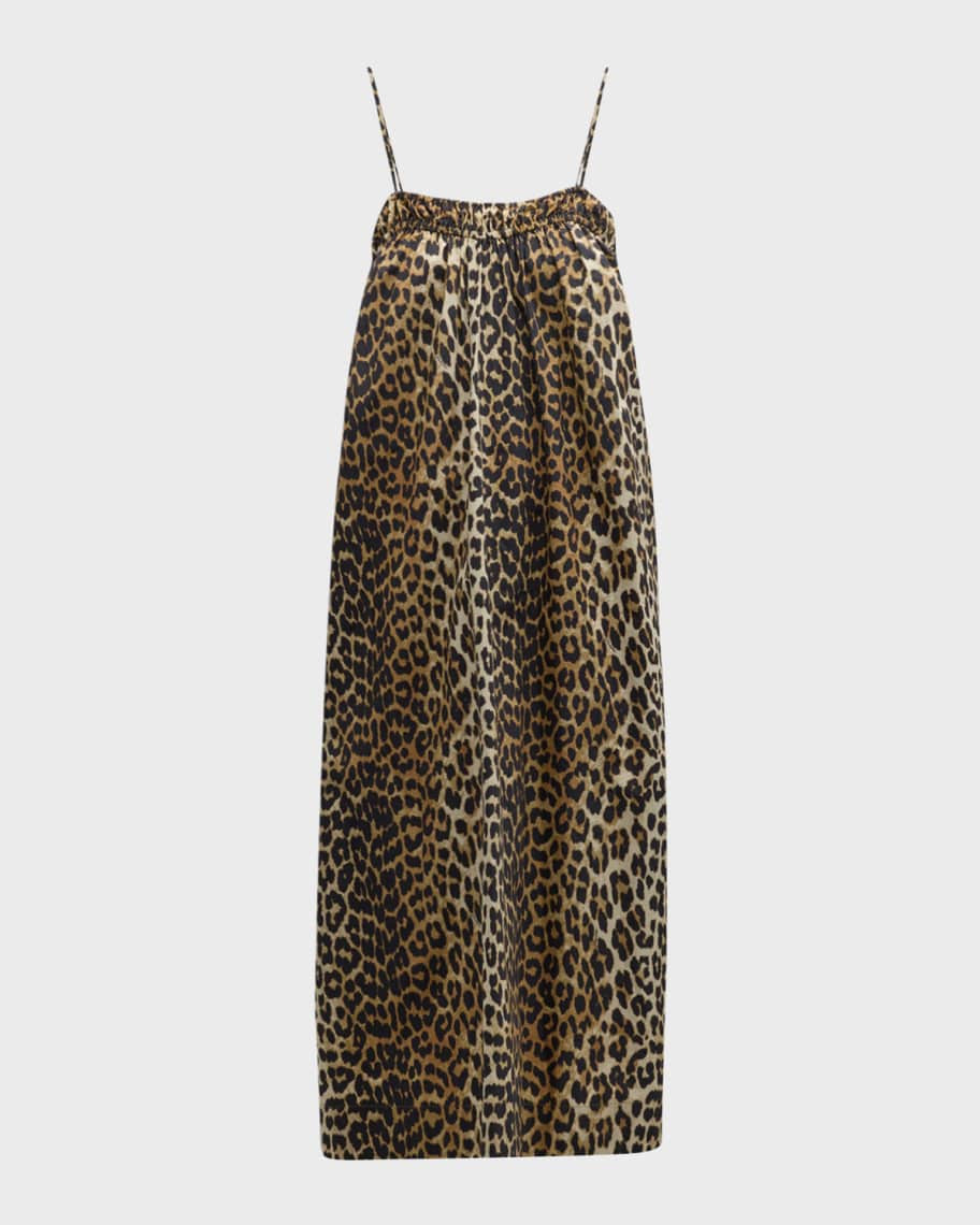Ganni Spaghetti Strap Leopard-Print Midi Dress | Neiman Marcus
