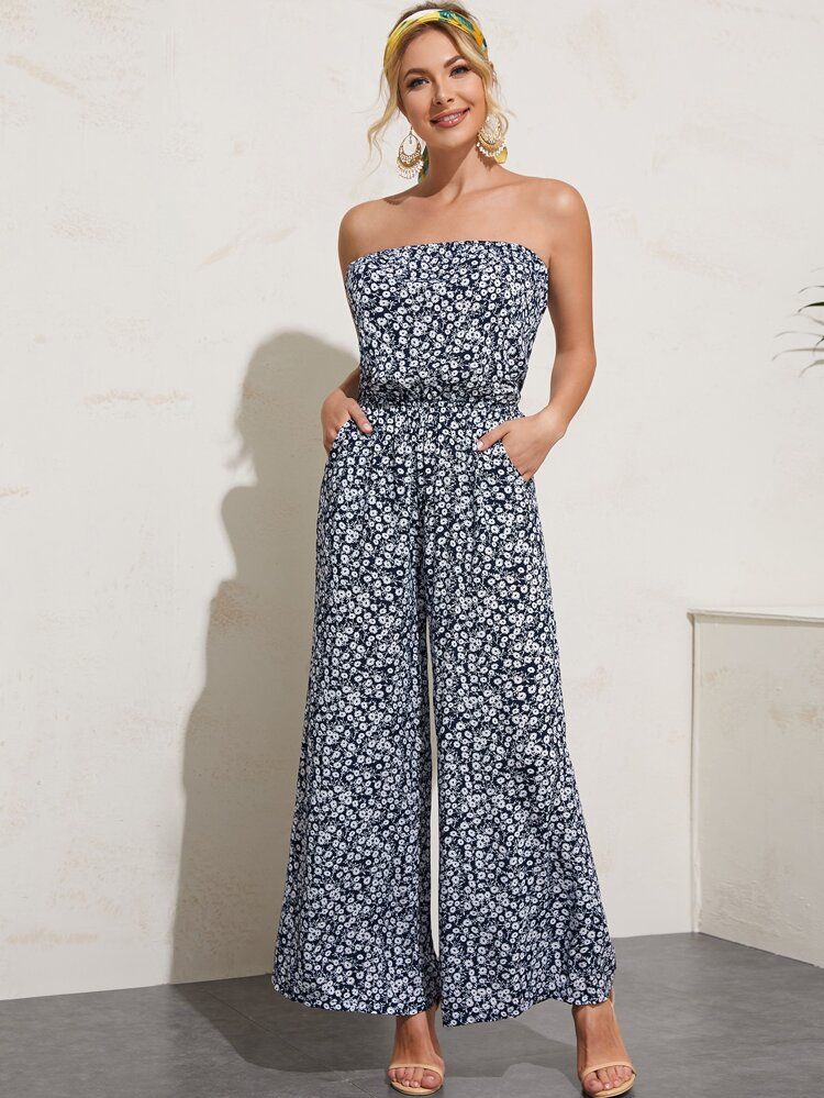 Ditsy Floral Print Wide Leg Tube Jumpsuit | SHEIN
