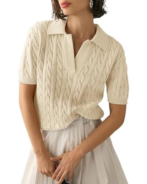 Imily Bela Women's Cable Short Sleeve Sweaters Tops Solid Lapel V Neck Knit Casual Soft Pullover ... | Amazon (US)